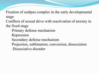 Fixation of oedipus complex in the early developmental
stage
Conflicts of sexual drive with reactivation of anxiety in
the fixed stage
Primary defense mechanism
Repression
Secondary defense mechanism
Projection, sublimation, conversion, dissociation
Dissociative disorder
 