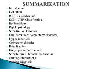  Introduction
 Definition
 ICD 10 classification
 DSN-IV-TR Classification
 Epidemiology
 Psychopathology
 Somatization Disorder
 Undifferentiated somatoform disorders
 Hypochondriasis
 Conversion disorder
 Pain disorder
 Body dysmorphic disorder
 Somatoform autonomic dysfunction
 Nursing interventions
 Nursing Diagnosis
 
