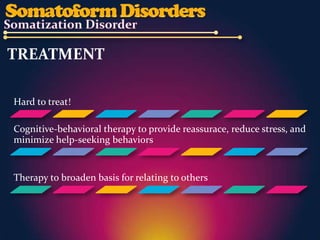 TREATMENT

Hard to treat!

Cognitive-behavioral therapy to provide reassurace, reduce stress, and
minimize help-seeking behaviors


Therapy to broaden basis for relating to others
 