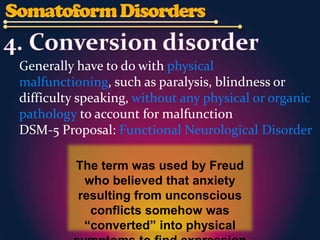 Generally have to do with physical
malfunctioning, such as paralysis, blindness or
difficulty speaking, without any physical or organic
pathology to account for malfunction
DSM-5 Proposal: Functional Neurological Disorder

          The term was used by Freud
           who believed that anxiety
          resulting from unconscious
            conflicts somehow was
           “converted” into physical
 