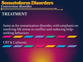 TREATMENT

Same as for somatization disorder, with emphasis on
resolving life stress or conflict and reducing help-
seeking behaviors

CBT & Catharsis
 