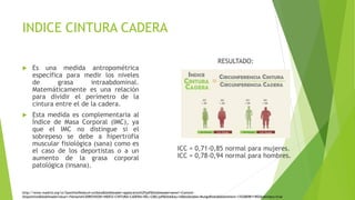 INDICE CINTURA CADERA
 Es una medida antropométrica
específica para medir los niveles
de grasa intraabdominal.
Matemáticamente es una relación
para dividir el perímetro de la
cintura entre el de la cadera.
 Esta medida es complementaria al
Índice de Masa Corporal (IMC), ya
que el IMC no distingue si el
sobrepeso se debe a hipertrofia
muscular fisiológica (sana) como es
el caso de los deportistas o a un
aumento de la grasa corporal
patológica (insana).
RESULTADO:
ICC = 0,71-0,85 normal para mujeres.
ICC = 0,78-0,94 normal para hombres.
http://www.madrid.org/cs/Satellite?blobcol=urldata&blobheader=application%2Fpdf&blobheadername1=Content-
Disposition&blobheadervalue1=filename%3DREVISION+INDICE+CINTURA+CADERA+DEL+CMD.pdf&blobkey=id&blobtable=MungoBlobs&blobwhere=1352869811902&ssbinary=true
 