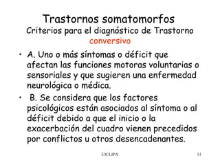 Trastornos somatomorfos
 Criterios para el diagnóstico de Trastorno
                 conversivo
• A. Uno o más síntomas o déficit que
  afectan las funciones motoras voluntarias o
  sensoriales y que sugieren una enfermedad
  neurológica o médica.
•  B. Se considera que los factores
  psicológicos están asociados al síntoma o al
  déficit debido a que el inicio o la
  exacerbación del cuadro vienen precedidos
  por conflictos u otros desencadenantes.
                     CICLIPA                  11
 
