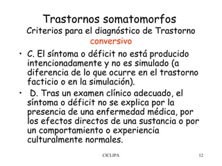 Trastornos somatomorfos
  Criterios para el diagnóstico de Trastorno
                   conversivo
• C. El síntoma o déficit no está producido
  intencionadamente y no es simulado (a
  diferencia de lo que ocurre en el trastorno
  facticio o en la simulación).
•  D. Tras un examen clínico adecuado, el
  síntoma o déficit no se explica por la
  presencia de una enfermedad médica, por
  los efectos directos de una sustancia o por
  un comportamiento o experiencia
  culturalmente normales.
                    CICLIPA                 12
 