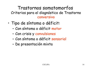 Trastornos somatomorfos
 Criterios para el diagnóstico de Trastorno
                 conversivo
• Tipo de síntoma o déficit:
  –   Con síntoma o déficit motor
  –   Con crisis y convulsiones
  –   Con síntoma o déficit sensorial
  –   De presentación mixta




                      CICLIPA                 14
 