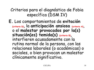 Criterios para el diagnóstico de Fobia
          específica (DSM IV)
E. Los comportamientos de evitación
  (criterio D), la anticipación ansiosa (criterio A),

  o el malestar provocados por la(s)
  situación(es) temida(s) (criterio B),
  interfieren acusadamente con la
  rutina normal de la persona, con las
  relaciones laborales (o académicas) o
  sociales, o bien provocan un malestar
  clínicamente significativo.
                        CICLIPA                     18
 