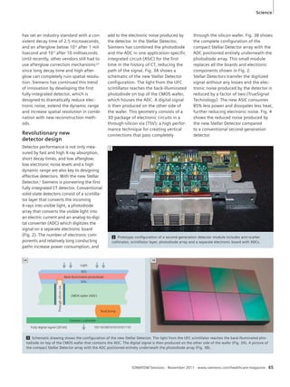 Science 
has set an industry standard with a con-sistent 
decay time of 2.5 microseconds, 
and an afterglow below 10-4 after 1 mil-lisecond 
and 10-5 after 10 milliseconds. 
Until recently, other vendors still had to 
use afterglow correction mechanisms[2] 
since long decay time and high after-glow 
can completely ruin spatial resolu-tion. 
Siemens has continued this trend 
of innovation by developing the first 
fully-integrated detector, which is 
designed to dramatically reduce elec-tronic 
noise, extend the dynamic range 
and increase spatial resolution in combi-nation 
with new reconstruction meth-ods. 
Revolutionary new 
detector design 
Detector performance is not only mea-sured 
by fast and high X-ray absorption, 
short decay times, and low afterglow; 
low electronic noise levels and a high 
dynamic range are also key to designing 
effective detectors. With the new Stellar 
Detector,2 Siemens is pioneering the first 
fully-integrated CT detector. Conventional 
solid-state detectors consist of a scintilla-tor 
layer that converts the incoming 
X-rays into visible light, a photodiode 
array that converts the visible light into 
an electric current and an analog-to-digi-tal 
converter (ADC) which digitizes the 
signal on a separate electronic board 
(Fig. 2). The number of electronic com-ponents 
and relatively long conducting 
paths increase power consumption, and 
add to the electronic noise produced by 
the detector. In the Stellar Detector, 
Siemens has combined the photodiode 
and the ADC in one application-specific 
integrated circuit (ASIC) for the first 
time in the history of CT, reducing the 
path of the signal. Fig. 3A shows a 
schematic of the new Stellar Detector 
configuration. The light from the UFC 
scintillator reaches the back-illuminated 
photodiode on top of the CMOS wafer, 
which houses the ADC. A digital signal 
is then produced on the other side of 
the wafer. This geometry consists of a 
3D package of electronic circuits in a 
through-silicon via (TSV); a high perfor-mance 
technique for creating vertical 
connections that pass completely 
through the silicon wafer. Fig. 3B shows 
the complete configuration of the 
compact Stellar Detector array with the 
ADC positioned entirely underneath the 
photodiode array. This small module 
replaces all the boards and electronic 
components shown in Fig. 2. 
Stellar Detectors transfer the digitized 
signal without any losses and the elec-tronic 
noise produced by the detector is 
reduced by a factor of two (TrueSignal 
Technology). The new ASIC consumes 
85% less power and dissipates less heat, 
further reducing electronic noise. Fig. 4 
shows the reduced noise produced by 
the new Stellar Detector compared 
to a conventional second-generation 
detector. 
2 Prototype configuration of a second-generation detector module includes anti-scatter 
collimator, scintillator layer, photodiode array and a separate electronic board with ADCs. 
2 
3A 3B 
Light 
SiO2 
Back-illuminated photodiode 
SiO2 
Through-silicon via Fully digital signal (20 bit) 10110100101010101110 
CMOS wafer (ADC) 
Stud bump 
Ceramics substrate 
3 Schematic drawing shows the configuration of the new Stellar Detector. The light from the UFC scintillator reaches the back-illuminated pho-todiode 
on top of the CMOS wafer that contains the ADC. The digital signal is then produced on the other side of the wafer (Fig. 3A). A picture of 
the compact Stellar Detector array with the ADC positioned entirely underneath the photodiode array (Fig. 3B). 
SOMATOM Sessions · November 2011 · www.siemens.com/healthcare-magazine 65 
 