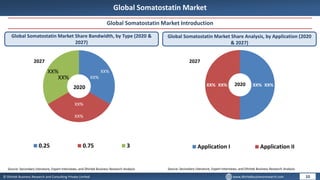 © Dhirtek Business Research and Consulting Private Limited www.dhirtekbusinessresearch.com
Global Somatostatin Market
Global Somatostatin Market Introduction
Global Somatostatin Market Share Bandwidth, by Type (2020 &
2027)
Global Somatostatin Market Share Analysis, by Application (2020
& 2027)
10
Source: Secondary Literature, Expert Interviews, and Dhirtek Business Research Analysis Source: Secondary Literature, Expert Interviews, and Dhirtek Business Research Analysis
XX%
XX%
XX%
XX%
XX%
XX%
0.25 0.75 3
2020
2027
2020
2027
XX%
XX% XX%
XX%
Application I Application II
 
