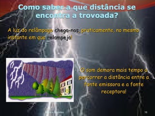 Mónica Meireles A luz do relâmpago  chega-nos , praticamente, no mesmo instante em que  relampeja ! O som demora mais tempo a percorrer a distância entre a fonte emissora e a fonte receptora! 