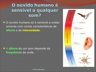 O ouvido humano só é sensível a ondas sonoras com certas características de  altura   e de   intensidade . A  altura   de um som depende da  frequência   da onda. Mónica Meireles 