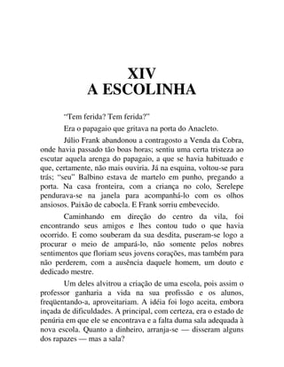 XIV
A ESCOLINHA
“Tem ferida? Tem ferida?”
Era o papagaio que gritava na porta do Anacleto.
Júlio Frank abandonou a contragosto a Venda da Cobra,
onde havia passado tão boas horas; sentiu uma certa tristeza ao
escutar aquela arenga do papagaio, a que se havia habituado e
que, certamente, não mais ouviria. Já na esquina, voltou-se para
trás; “seu” Balbino estava de martelo em punho, pregando a
porta. Na casa fronteira, com a criança no colo, Serelepe
pendurava-se na janela para acompanhá-lo com os olhos
ansiosos. Paixão de cabocla. E Frank sorriu embevecido.
Caminhando em direção do centro da vila, foi
encontrando seus amigos e lhes contou tudo o que havia
ocorrido. E como souberam da sua desdita, puseram-se logo a
procurar o meio de ampará-lo, não somente pelos nobres
sentimentos que floriam seus jovens corações, mas também para
não perderem, com a ausência daquele homem, um douto e
dedicado mestre.
Um deles alvitrou a criação de uma escola, pois assim o
professor ganharia a vida na sua profissão e os alunos,
freqüentando-a, aproveitariam. A idéia foi logo aceita, embora
inçada de dificuldades. A principal, com certeza, era o estado de
penúria em que ele se encontrava e a falta duma sala adequada à
nova escola. Quanto a dinheiro, arranja-se — disseram alguns
dos rapazes — mas a sala?
 