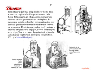 ya

Siluetas
 Para dibujar el perfil de una persona por medio de su
 sombra, se empleaba la silla que se muestra en la
 figura de la derecha, en ella podemos distinguir una
 abertura circular que contenía un vidrio plano. La
 persona se sentaba en la silla y permanecía quieta con
 el fin de que al ser iluminada lateralmente su sombra
 no se moviera. El artista , apoyándose en el vidrio de la
 abertura dibujaba sobre un papel, a veces aceitado pero
 seco, el perfil de la persona. Para disminuir el tamaño
 del dibujo se empleaba un pantógrafo (inventado en
 1775 por Samuel Harrigton).



                                                             Ilustración de la
                                                             primera edición del
                                                             libro de Lavater
                                                             sobre Fisionomía.
                                                             1970



     Method of Taking
               Profiles
                Artista
         desconocido.
         Publicado en
     Octubre de 1799.
                                                                                   continúa
 