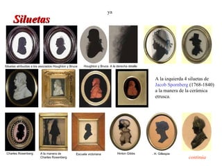 ya
      Siluetas



Siluetas atribuidas a los asociados Houghton y Bruce    Houghton y Bruce. A la derecha detalle



                                                                                                   A la izquierda 4 siluetas de
                                                                                                   Jacob Spornberg (1768-1840)
                                                                                                   a la manera de la cerámica
                                                                                                   etrusca.




 Charles Rosenberg       A la manera de            Escuela victoriana          Hinton Gibbs      . H. Gillespie
                         Charles Rosenberg                                                                        continúa
 
