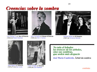 ya

Creencias sobre la sombra




Lon Chaney Jr. en Son of Dracula   John Carradine en House of Dracula        Germán Robles en El Vampiro
(1943) de Robert Siodmak           (1945) de Erle C. Kenton                  (1957) de Fernando Méndez




                                                                    No tala el leñador
                                                                    los troncos de los árboles,
                                                                    sino sus sombras,
                                                                    que arden más despacio
                                                                    José María Cumbreño. Árbol sin sombra


 Jack Palance en Dracula       Frank Langella en Dracula
 (1973) TV de Dan Curtis       (1979) de John Badham
                                                                                                           continúa
 
