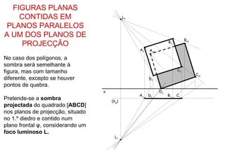 FIGURAS PLANAS
    CONTIDAS EM                               L2

 PLANOS PARALELOS
A UM DOS PLANOS DE
                                                                             Bs2
                                                                   B2
     PROJECÇÃO
                                                   A2   As2

No caso dos polígonos, a
sombra será semelhante à
                                                                        C2
figura, mas com tamanho                                                            Cs2
diferente, excepto se houver                            D2
pontos de quebra.
                                   x                          Ds
                                                   A1   D1         B1   C1
Pretende-se a sombra                   (hφ)
projectada do quadrado [ABCD]
nos planos de projecção, situado
no 1.º diedro e contido num
plano frontal φ, considerando um
foco luminoso L.
                                        L1
 