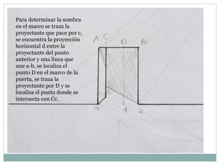 Para determinar la sombra
en el marco se traza la
proyectante que pace por c,
se encuentra la proyección
horizontal d entre la
proyectante del punto
anterior y una línea que
une a-b, se localiza el
punto D en el marco de la
puerta, se traza la
proyectante por D y se
localiza el punto donde se
intersecta con Cc.
 