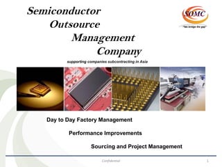 SemiconductorOutsource Management Company
    Semiconductor
    Outsource       supporting companies subcontracting in Asia
                                                                  “we bridge the gap”




          Management
                 Company
          supporting companies subcontracting in Asia




    Day to Day Factory Management

           Performance Improvements

                      Sourcing and Project Management

                            Confidential                                                1
 