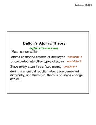 September 15, 2010




        Dalton’s Atomic Theory
             explains the mass laws
Mass conservation
Atoms cannot be created or destroyed postulate 1
or converted into other types of atoms. postulate 2
Since every atom has a fixed mass, postulate 3
during a chemical reaction atoms are combined
differently, and therefore, there is no mass change
overall.
 
