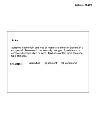 September 15, 2010




 PLAN:

Samples that contain one type of matter are either an element or a
compound. An element contains only one type of particle and a
compound contains two or more. Mixtures contain more than one
type of matter.


SOLUTION:       a) mixture   (b) element     (c) compound
 