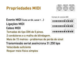 Propriedades MIDI
                                    Representação da Informação musical

                                            Exemplo de conexão MIDI

Evento MIDI (note on G4, canal 1 ...)
Ligações MIDI
Cabos MIDI
Tomadas do tipo DIN de 5 pinos.
2 condutores e a malha de blindagem.
Mais de 15 metros - problemas de perda de sinal
Transmissão serial assíncrona 31.250 bps
Velocidade suficiente
Requer meio físico simples
 