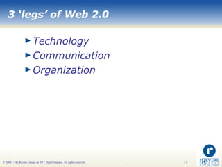 3 ‘legs’ of Web 2.0 <ul><li>Technology </li></ul><ul><li>Communication </li></ul><ul><li>Organization </li></ul>