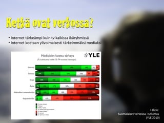 Internet tärkeämpi kuin tv kaikissa ikäryhmissä Internet koetaan ylivoimaisesti tärkeimmäksi mediaksi Lähde:  Suomalaiset verkossa -tutkimus  (YLE 2010) 