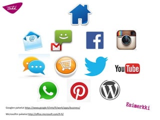 Googlen palvelut https://www.google.fi/intx/fi/work/apps/business/
Microsoftin palvelut http://office.microsoft.com/fi-fi/
 