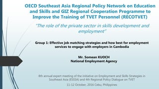 “The role of the private sector in skills development and
employment”
8th annual expert meeting of the initiative on Employment and Skills Strategies in
Southeast Asia (ESSSA) and 4th Regional Policy Dialogue on TVET
11-12 October, 2016 Cebu, Philippines
OECD Southeast Asia Regional Policy Network on Education
and Skills and GIZ Regional Cooperation Programme to
Improve the Training of TVET Personnel (RECOTVET)
Group 1: Effective job matching strategies and how best for employment
services to engage with employers in Cambodia
Mr. Somean KUOCH
National Employment Agency
 