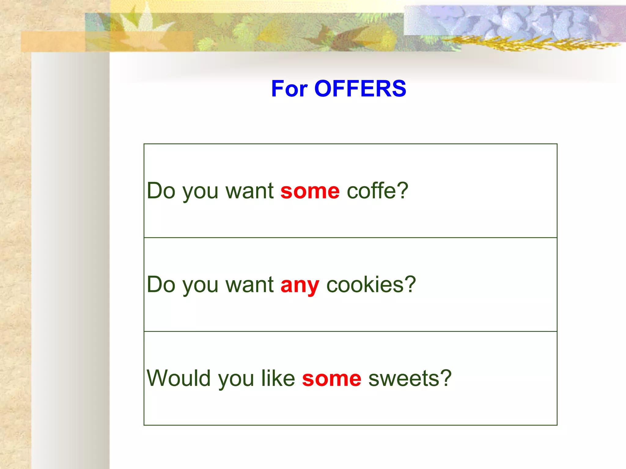 For OFFERS



Do you want some coffe?



Do you want any cookies?



Would you like some sweets?
 