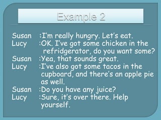 Susan
Lucy

Susan
Lucy
Susan
Lucy

:I’m really hungry. Let’s eat.
:OK. I’ve got some chicken in the
refridgerator, do you want some?
:Yea, that sounds great.
:I’ve also got some tacos in the
cupboard, and there’s an apple pie
as well.
:Do you have any juice?
:Sure, it’s over there. Help
yourself.

 
