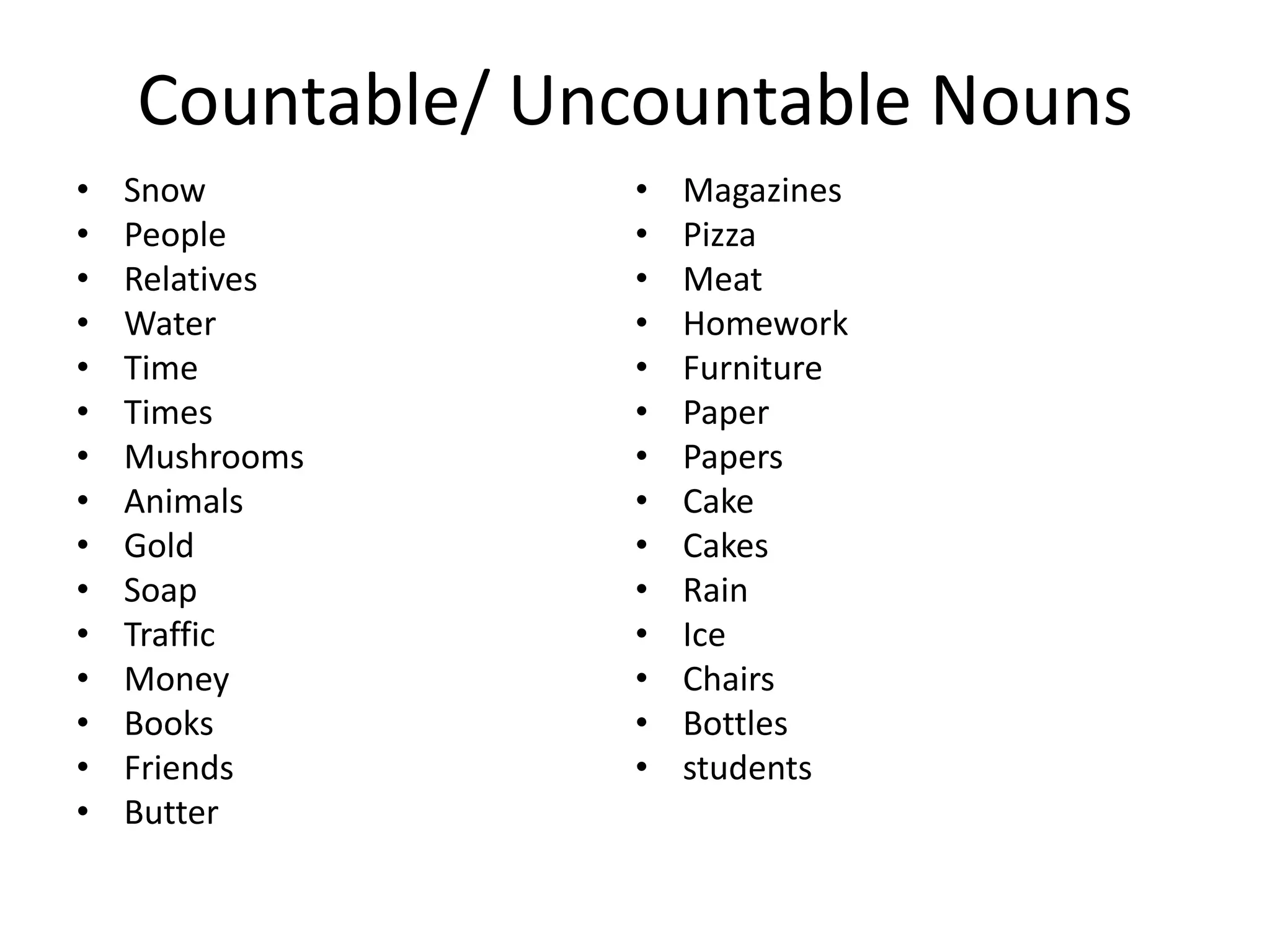 Countable/ Uncountable Nouns
•   Snow          •   Magazines
•   People        •   Pizza
•   Relatives     •   Meat
•   Water         •   Homework
•   Time          •   Furniture
•   Times         •   Paper
•   Mushrooms     •   Papers
•   Animals       •   Cake
•   Gold          •   Cakes
•   Soap          •   Rain
•   Traffic       •   Ice
•   Money         •   Chairs
•   Books         •   Bottles
•   Friends       •   students
•   Butter
 