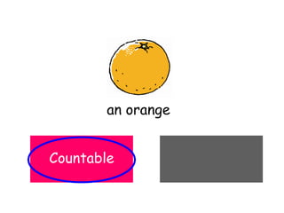Uncountable
an orange
CountableCountable
 