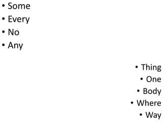 • Some
• Every
• No
• Any

           • Thing
             • One
            • Body
          • Where
             • Way
 