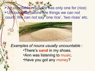 An countable noun are has only one for (rice)
Uncountable nouns are things we can not
count. We can not say ‘one rice’, ‘two rices’ etc.
Examples of nouns usually uncountable :
•There’s sand in my shoes.
•Ann was listening to music.
•Have you got any money?
 