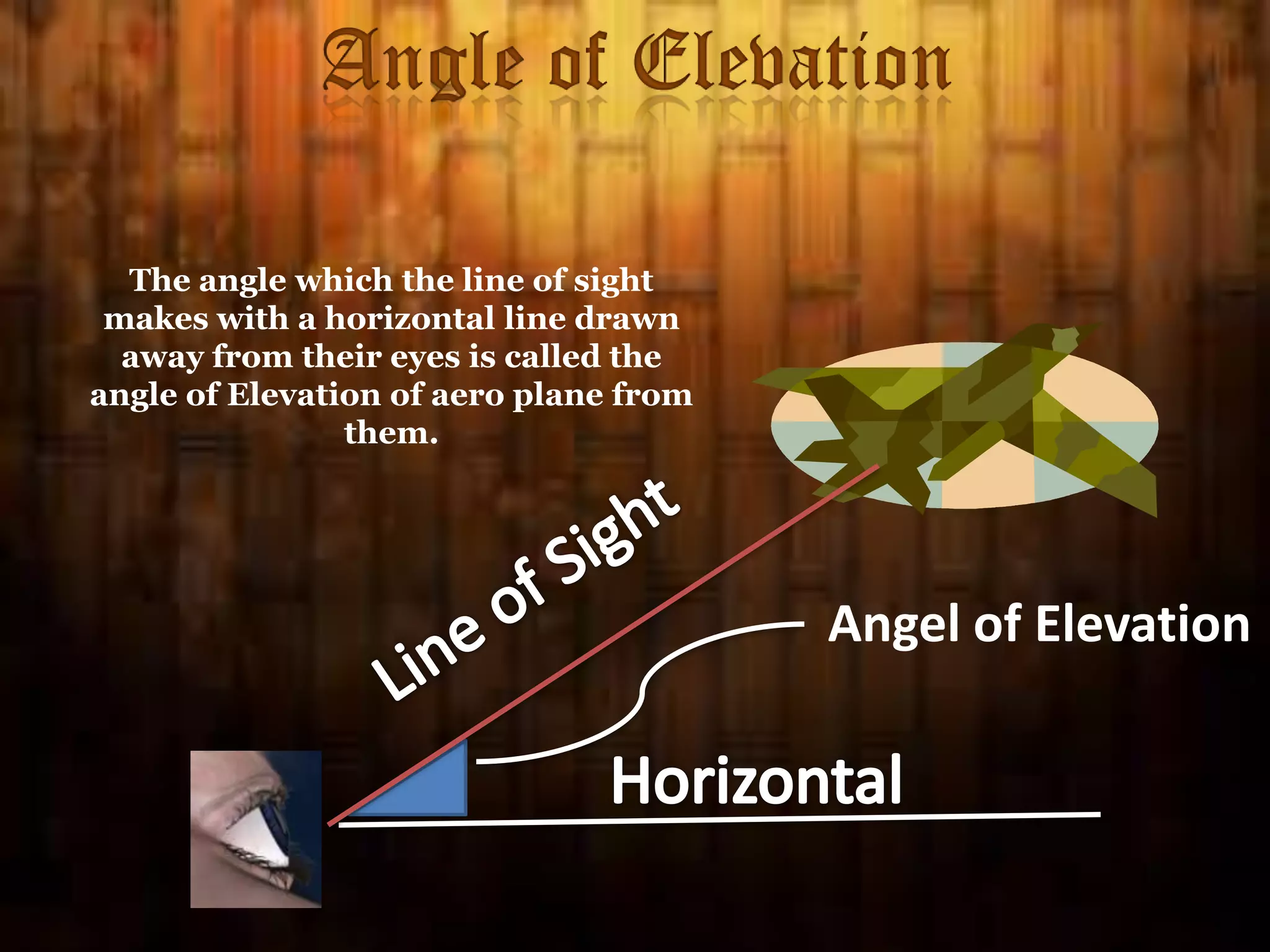 Angle of Elevation
The angle which the line of sight
makes with a horizontal line drawn
away from their eyes is called the
angle of Elevation of aero plane from
them.

Angel of Elevation

 