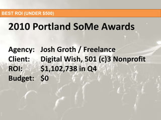 BEST ROI (UNDER $500),[object Object],2010 Portland SoMe AwardsAgency: 	Josh Groth / FreelanceClient:   	Digital Wish, 501 (c)3 NonprofitROI:        	$1,102,738 in Q4Budget:  	$0,[object Object]