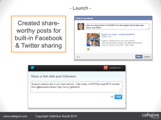4/18/2014 104/18/2014 10www.cafegive.com Copyright CafeGive Social 2014
Created share-
worthy posts for
built-in Facebook
& Twitter sharing
 