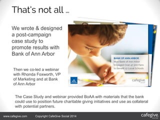 4/18/2014 194/18/2014 19www.cafegive.com Copyright CafeGive Social 2014
We wrote & designed
a post-campaign
case study to
promote results with
Bank of Ann Arbor
Then we co-led a webinar
with Rhonda Foxworth, VP
of Marketing and at Bank
of Ann Arbor
The Case Study and webinar provided BoAA with materials that the bank
could use to position future charitable giving initiatives and use as collateral
with potential partners.
 