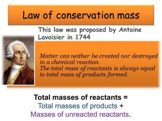 Law of conservation mass
Total masses of reactants =
Total masses of products +
Masses of unreacted reactants.
This law was proposed by Antoine
Lavoisier in 1744
 
