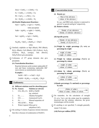 5
Zn(s) + CuSO4  ZnSO4 + Cu
Fe + CuSO4  FeSO4 + Cu
Pb + CuCl2  PbCl2 + Cu
Zn + H2SO4  ZnSO4 + H2
(iii) Double Displacement Reactions :
NaCl + AgNO3  AgCl + NaNO3
white precipitate
NaBr + AgNO3  AgBr  + NaNO3
Yellow
NaI + AgNO3  AgI  + NaNO3
Yellow
Na2SO4 + BaCl2  BaSO4  + 2NaCl
white
Similarly sulphides as HgS (Black), PbS (Black),
Bi2S3 (Black), CuS (Black), CdS (Yellow), As2S3
(Yellow), Sb2S3 (orange), SnS (Brown),
SnS2(Yellow) give precipitate.
Carbonates of 2nd group elements also give
precipitate.
(iv) Neutralisation Reactions :
Reaction between acids (contain replaceable H+
ion) and bases (containing replaceable OH¯
ion) is known as neutralisation reaction
Examples :
NaOH + HCl  NaCl + H2O
2 KOH + H2SO4  K2SO4 + 2H2O
13. Eudiometry
(i) Different solutions used for absorbing gases:
Sr. No. Gas(es) Solution (or solvent)
1. CO2, SO2, Cl2 KOH or NaOH
(aq. solution)
2. O2…….. Alkaline Pyrogallol
3. CO……. Ammonical Cu2Cl2
4. O3…….. Mineral turpentine oil
5. NH3 & HCl…. Water
6. Water (vapour) Silica gel or
anhydrous CaCl2
On cooling if volume of gaseous mixture decreases
then this is because of condensation of H2O(V).
14. Concentration terms
(i) Density ()
=
cetansubstheofvolume
ceantsubstheofMass
In c.g.s. and MKS units, density is expressed in
gm/cm3 or gm/ml and kg/m3 respectively.
(ii) Relative density
=
cetansubsreferenceofDensity
cetansubsanyofDensity
(iii) Specific gravity
=
Cº4atOHofDensity
cetansubsanyofDensity
2
(iv) Weight by weight percentage (% w/w) or
percentage by weight
= 100
solutionofweight
soluteofweight

(v) Weight by volume percentage (%w/v) or
percentage by volume
= 100
solutionofvolume
soluteofweight

(vi) volume by volume percentage (%v/v) or
percentage by strength
= 100
solutionofvolume
soluteofvolume

(vii)mole percentage (% mol/mol) or percentage
by mole
= 100
solventofMolessoluteofMoles
)soluteofMoles(


Do remember, for the calculation of strength
(% w/w, %w/v etc) the solute must be completely
dissolved into the solution, otherwise, the given
terminologies will be invalid.
If, anything is not specified, % strength generally
means % by mass.
(viii) Parts per million (PPM)
 