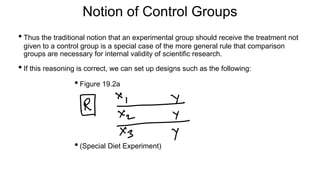 Notion of Control Groups
• Thus the traditional notion that an experimental group should receive the treatment not
given to a control group is a special case of the more general rule that comparison
groups are necessary for internal validity of scientific research.
• If this reasoning is correct, we can set up designs such as the following:
• Figure 19.2a
• (Special Diet Experiment)
 