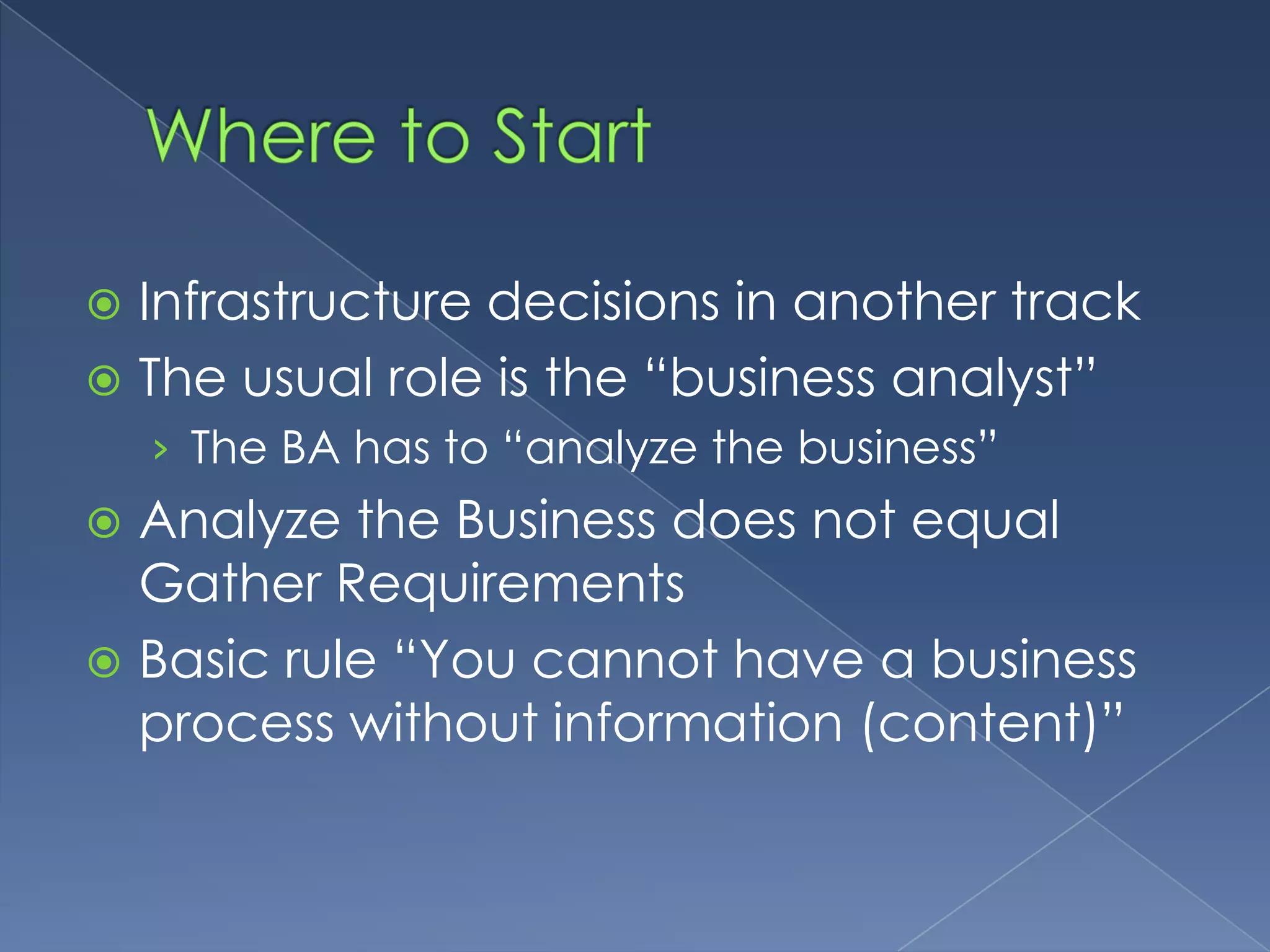 Where to StartInfrastructure decisions in another trackThe usual role is the “business analyst”The BA has to “analyze the business”Analyze the Business does not equal Gather RequirementsBasic rule “You cannot have a business process without information (content)”