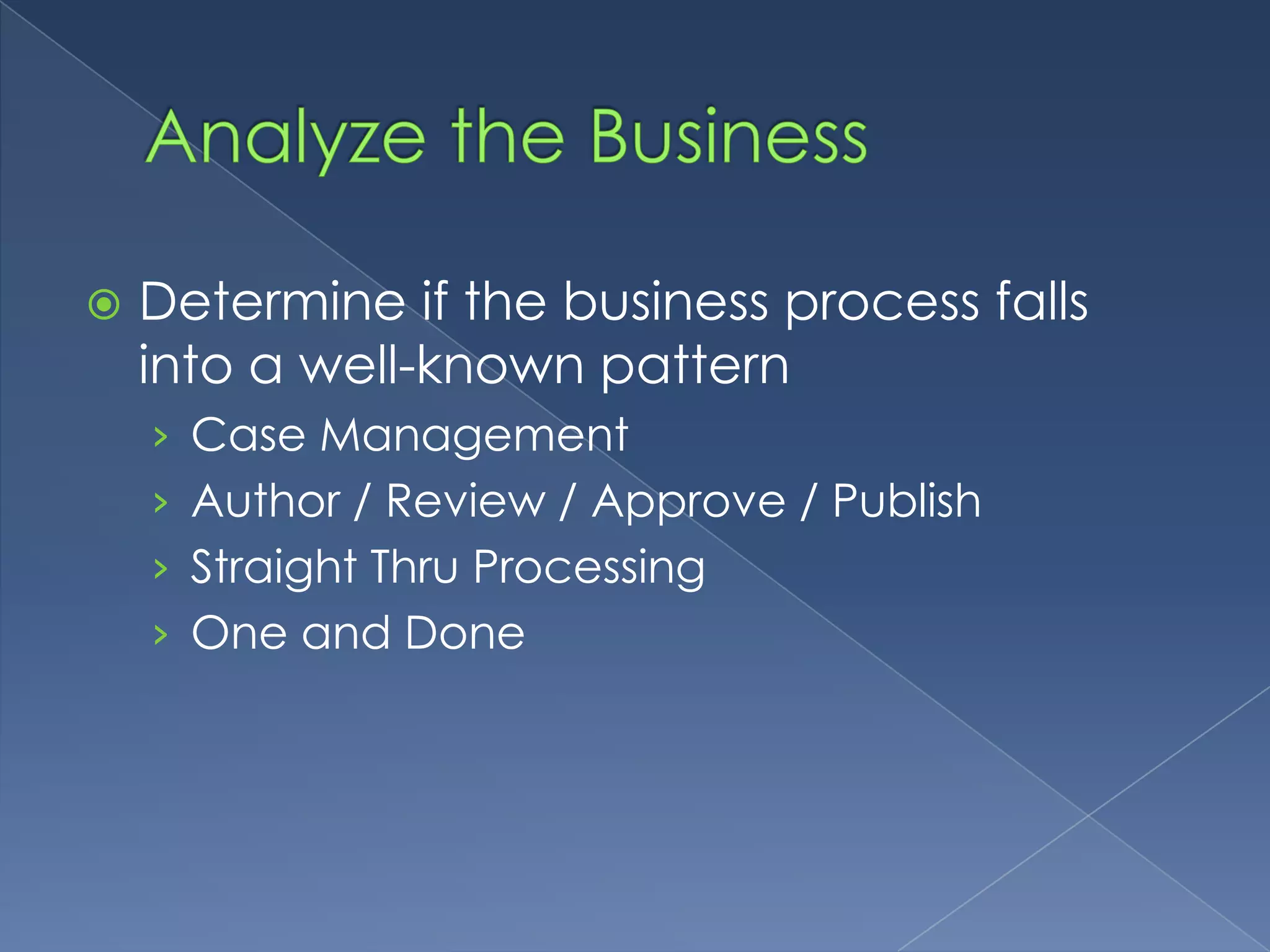 Analyze the BusinessDetermine if the business process falls into a well-known patternCase ManagementAuthor / Review / Approve / PublishStraight Thru ProcessingOne and Done