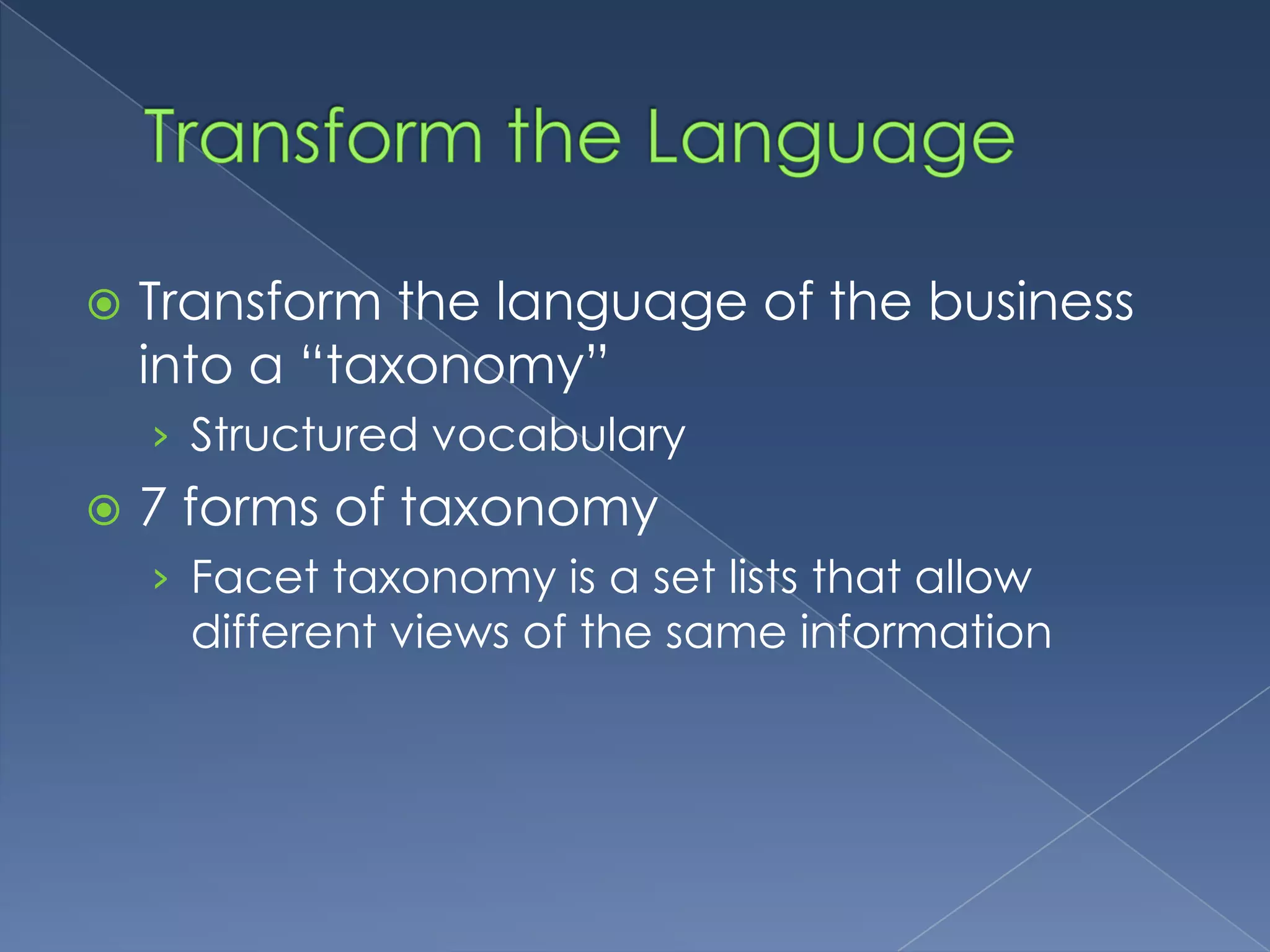 Transform the LanguageTransform the language of the business into a “taxonomy”Structured vocabulary7 forms of taxonomyFacet taxonomy is a set lists that allow different views of the same information
