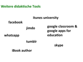 facebook	
  
Weitere	
  didakCsche	
  Tools	
  	
  
itunes	
  university	
  
google	
  classroom	
  &	
  
google	
  apps	
  for	
  
educaCon	
  whatsapp	
  	
  
jimdo	
  
tumblr	
  
skype	
  
iBook	
  author	
  
 