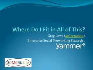 Greg	
  Lowe	
  (@Greg2dot0)	
  
Enterprise	
  Social	
  Networking	
  Strategist	
  
 