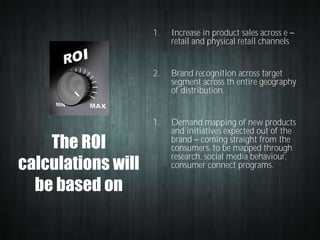 1.

2.

Brand recognition across target
segment across th entire geography
of distribution.

1.

The ROI
calculations will
be based on

Increase in product sales across e
retail and physical retail channels

Demand mapping of new products
and initiatives expected out of the
brand coming straight from the
consumers. to be mapped through
research, social media behaviour,
consumer connect programs.

 