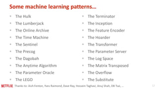 12
Some machine learning patterns…
 The Hulk
 The Lumberjack
 The Online Archive
 The Time Machine
 The Sentinel
 The Precog
 The Dagobah
 The Anytime Algorithm
 The Parameter Oracle
 The LEGO
 The Terminator
 The Inception
 The Feature Encoder
 The Hoarder
 The Transformer
 The Parameter Server
 The Log Space
 The Matrix Transposed
 The Overflow
 The Substitute
Thanks to: Aish Fenton, Yves Raimond, Dave Ray, Hossein Taghavi, Anuj Shah, DB Tsai, …
 