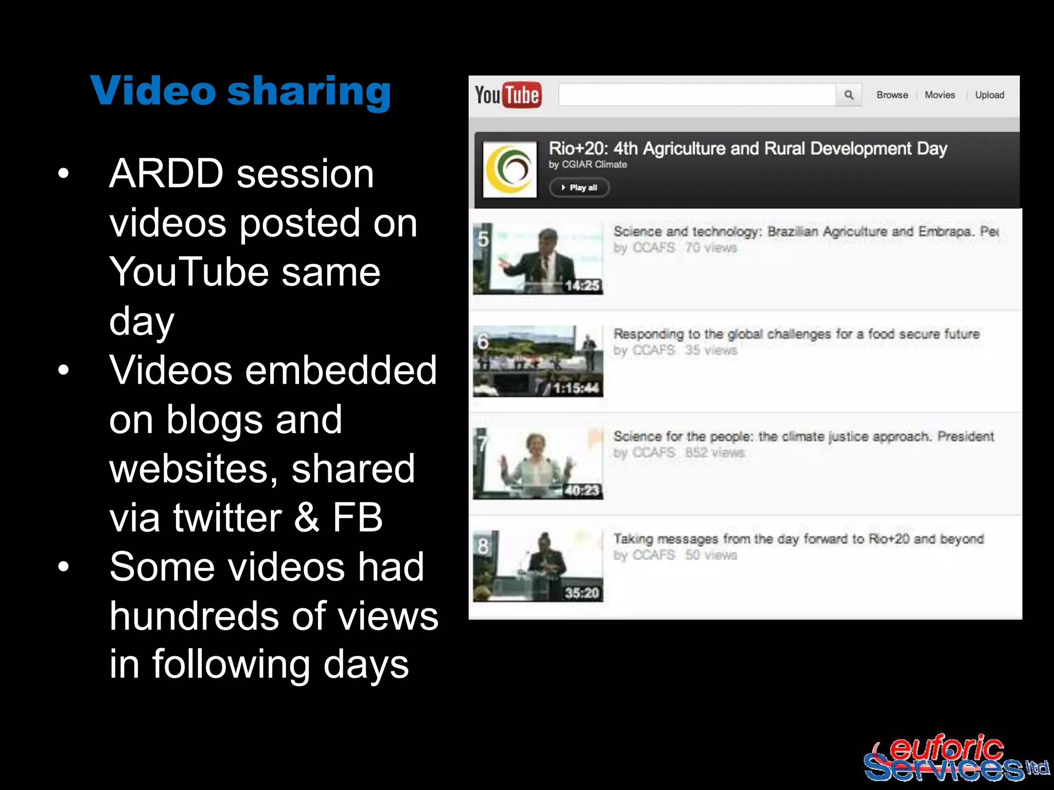 Video sharing

• ARDD session
  videos posted on
  YouTube same
  day
• Videos embedded
  on blogs and
  websites, shared
  via twitter & FB
• Some videos had
  hundreds of views
  in following days
 