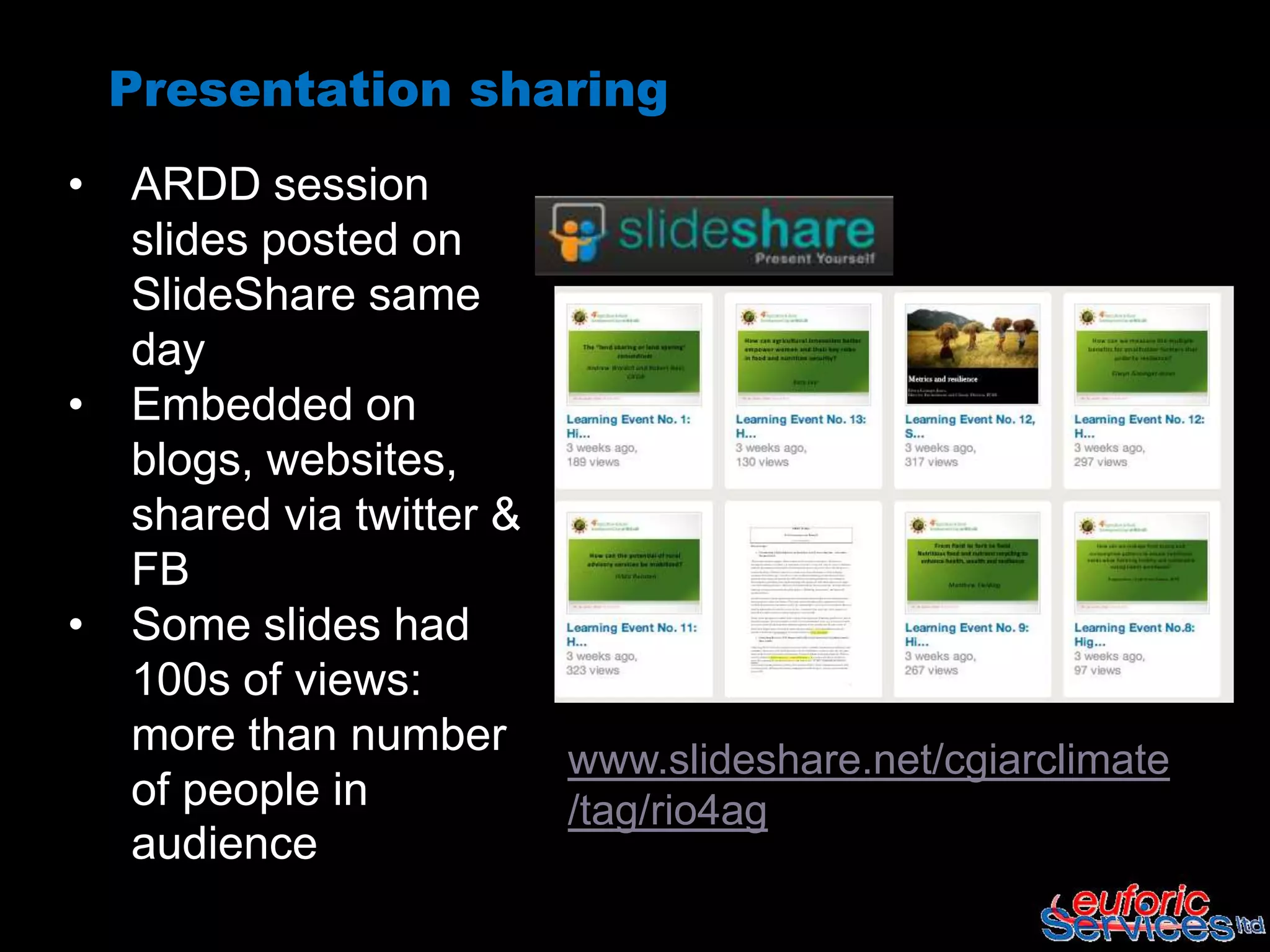 Presentation sharing
•   ARDD session
    slides posted on
    SlideShare same
    day
•   Embedded on
    blogs, websites,
    shared via twitter &
    FB
•   Some slides had
    100s of views:
    more than number
                           www.slideshare.net/cgiarclimate
    of people in           /tag/rio4ag
    audience
 